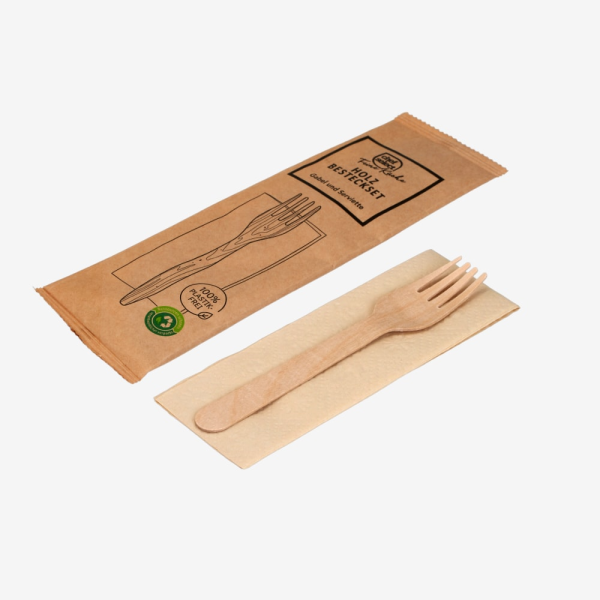 Wooden cutlery set with fork and napkin