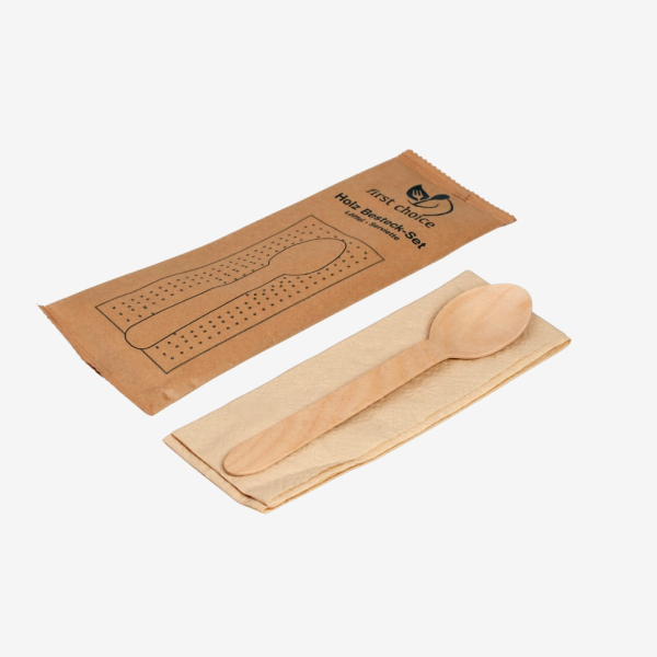 Wooden cutlery set with spoon and napkin