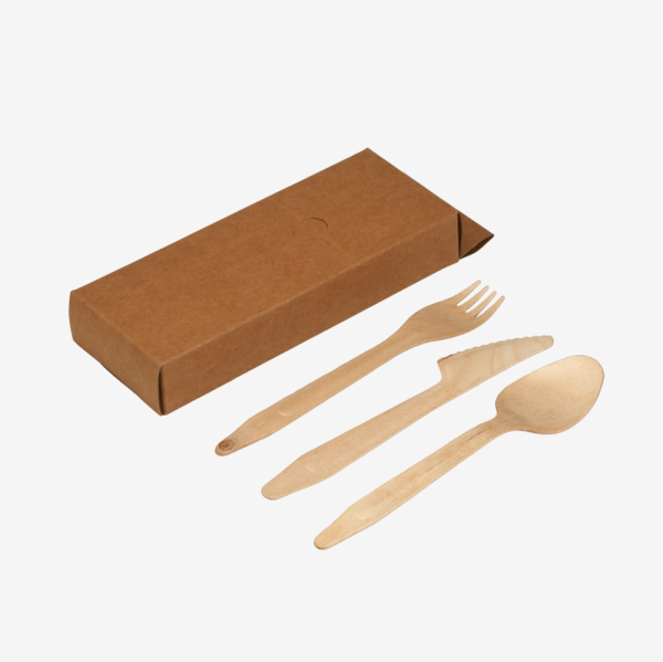 Wooden cutlery set with fork, knife, spoon, and napkin