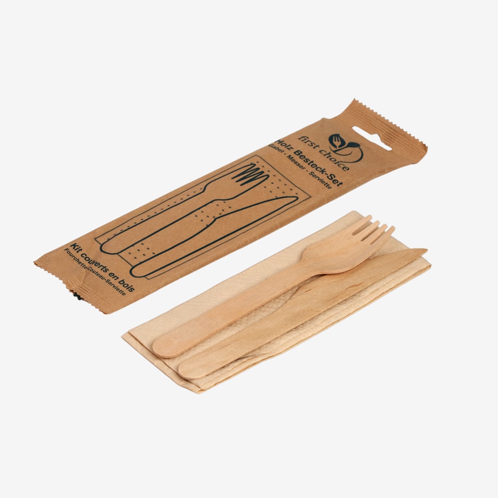 Holz-Besteckset Gabel, Messer und Serviette